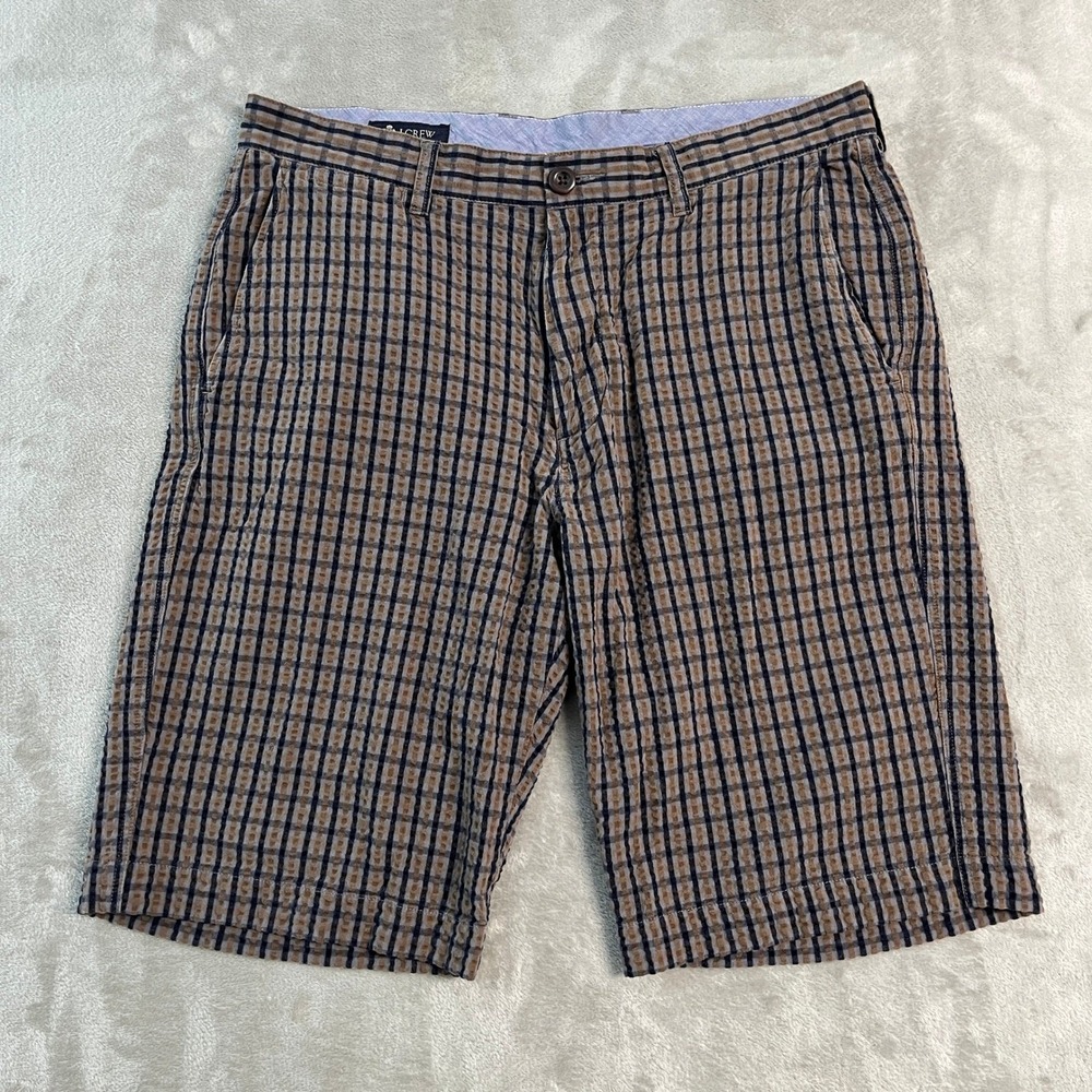 J Crew Mens Plaid Seersucker Shorts Brown Navy 32x11 Beach Preppy Casual EUC